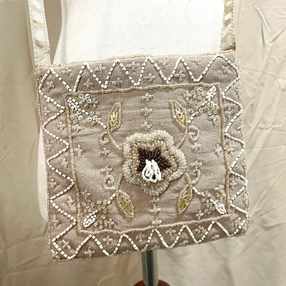 Cottage Core Tan Small Beaded Cloth Bag Boho Chic EuroSummer